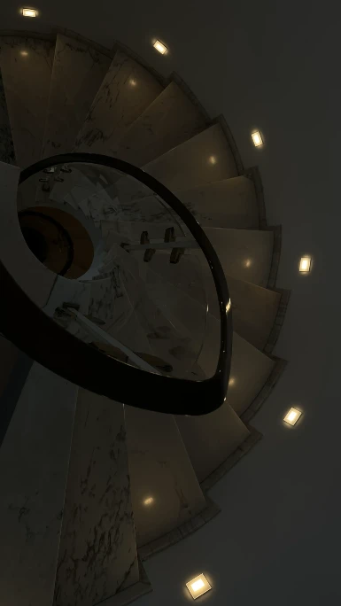 Treppe, bei der oberhalb der Stufen in bestimmten Abstanden Leuchten installiert sind